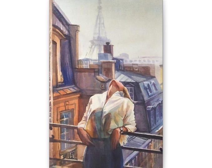 Woman on Paris Balcony Canvas | Eiffel Tower Wall Art, Urban Cityscape