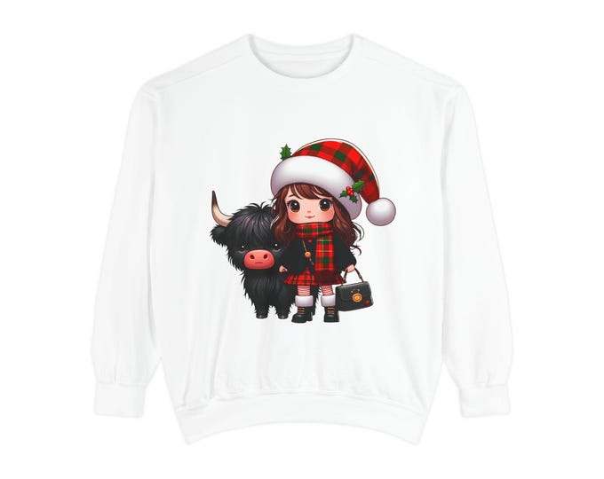 Plaid Girl with Highland Cow Sweatshirt | Holiday Cartoon, Cozy Cotton Blend