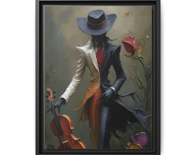 Two-Tone Gentleman with Violin Matte Canvas Framed | Surreal Portrait Wall Art