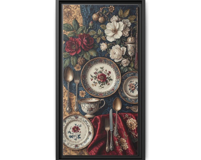 Vintage Floral Tableware Matte Canvas Framed | Still Life Wall Art