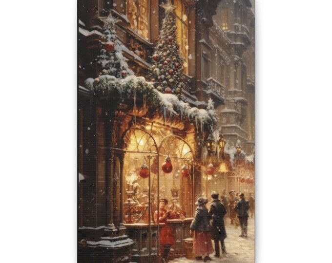 Victorian Christmas Street Scene Canvas | Holiday Wall Art