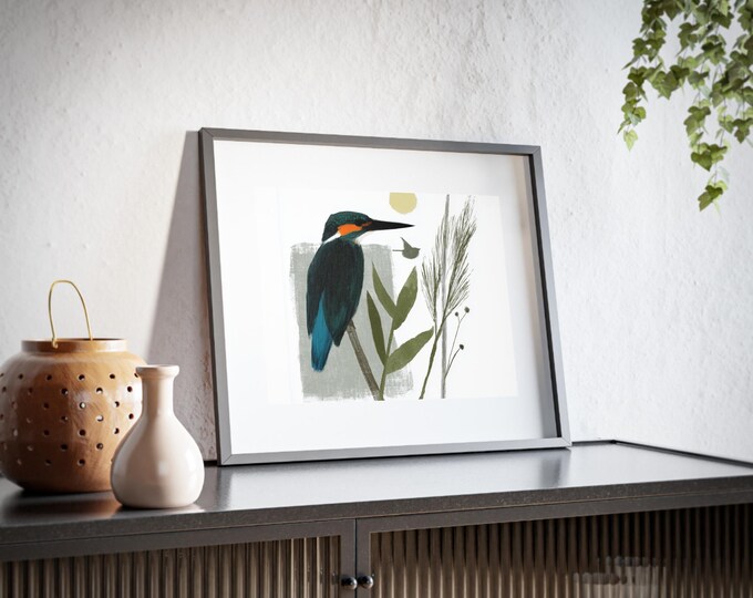 Kingfisher Bird Illustration Framed Poster | Matte