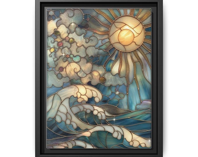 Stained Glass Sun and Ocean Waves Matte Canvas Framed