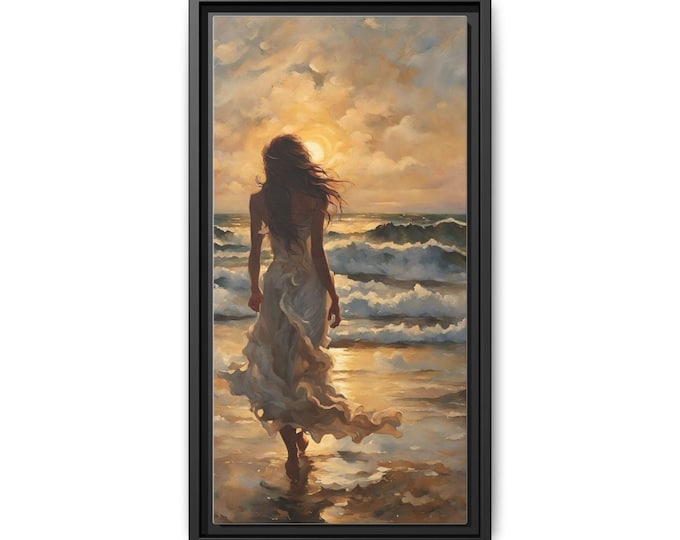 Woman Walking on Beach Sunset Canvas Print, Framed Matte Wall Art