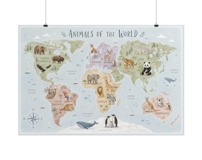 Animals of the World Rolled Poster | Illustrated World Map, Nursery Wall Art