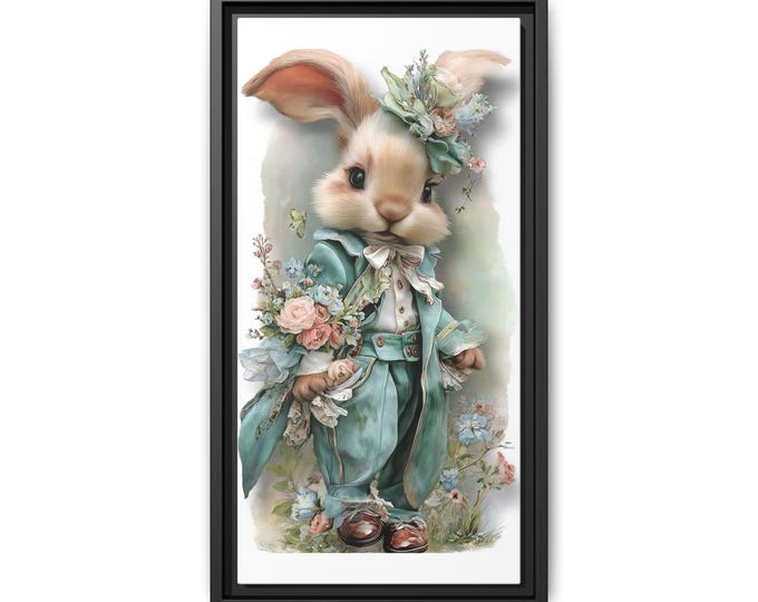 Victorian Bunny Illustration Matte Canvas Framed | Nursery Wall Art