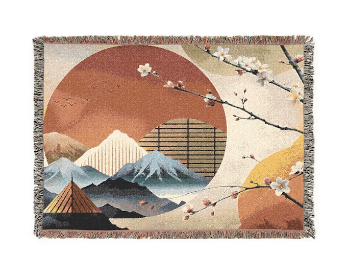 Japanese Landscape Woven Blanket | Mount Fuji Sakura Tapestry Throw