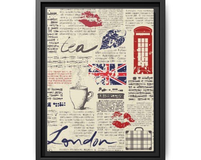 London Tea Collage Matte Canvas, Framed | Vintage Union Jack Print