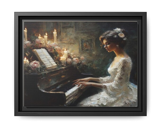 Bride at Piano Matte Canvas Framed | Romantic Classical Music Wall Art