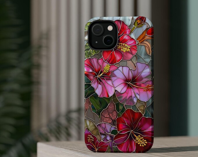 Floral Stained Glass Phone Case | Hibiscus Garden Art Cover (MagSafe Compatible)