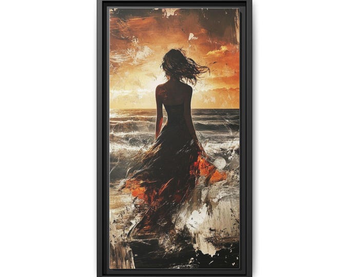 Silhouette Woman at Sunset Matte Canvas Framed | Beach Seascape Wall Art