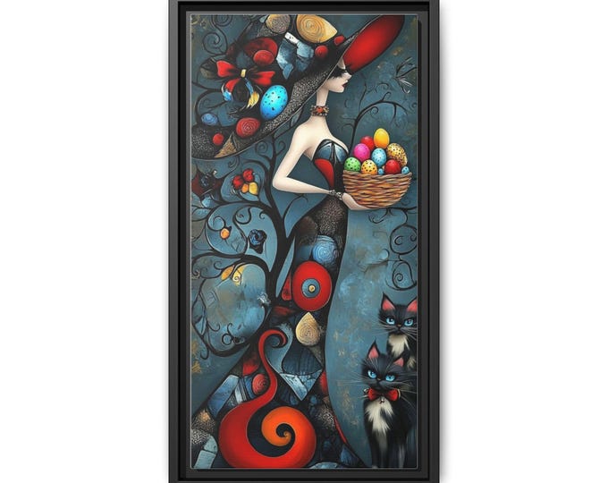Woman with Basket of Colorful Eggs Matte Canvas, Framed | Whimsical Art Print