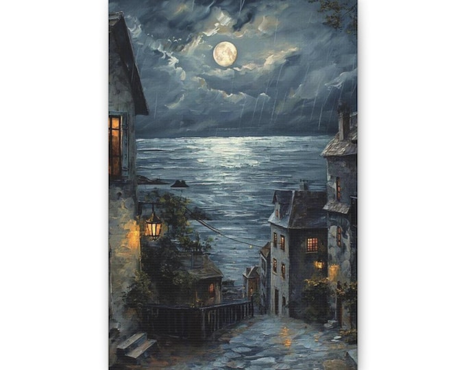 Moonlit Seaside Village Canvas | Coastal Nightscape Wall Art