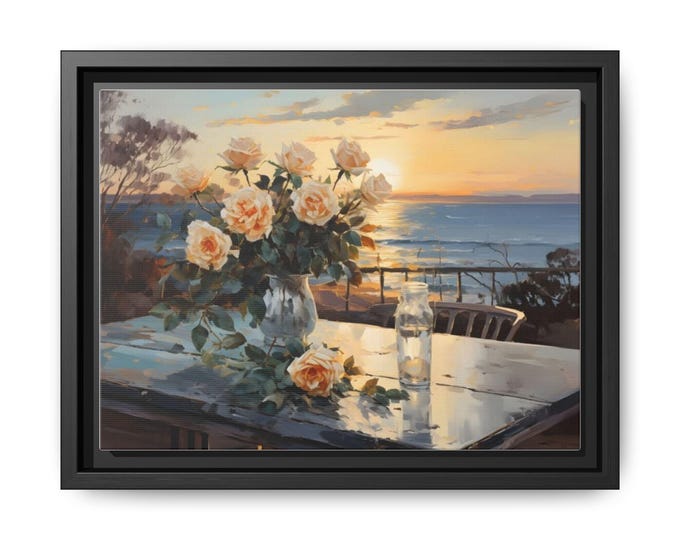 Sunset Roses Painting Matte Canvas, Framed | Floral Seascape Wall Art