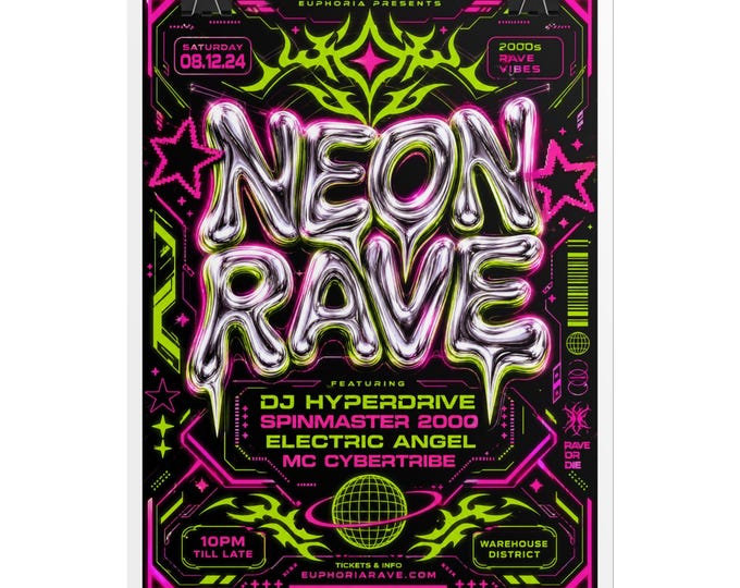 y2k Neon Rave Poster Rolled Posters | Cyberpunk Glow, DJ Event Artwork