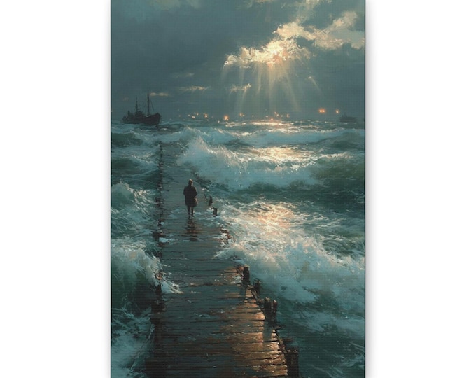 Stormy Sea Pier Canvas | Maritime Painting Wall Art