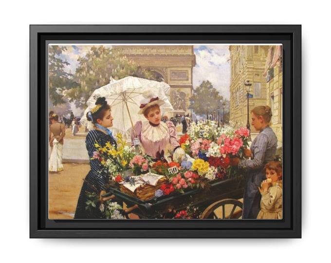 Paris Street Flower Cart Matte Canvas Framed Art Print | Vintage Impressionist Scene