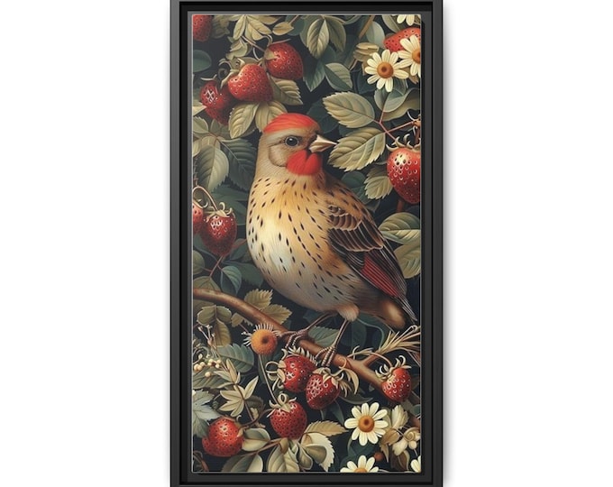 Songbird Among Strawberries Matte Canvas Framed | Botanical Bird Wall Art