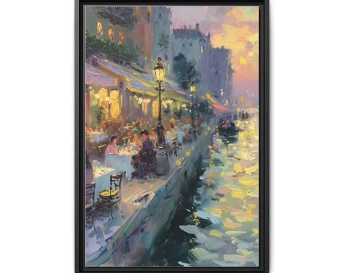 Impressionist Canal Cafe Evening Scene Matte Canvas Framed Wall Art