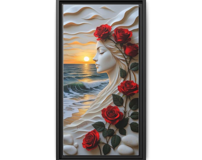Sunset Siren with Red Roses Canvas Framed Wall Art