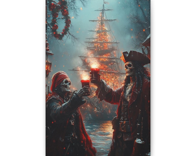 Skeleton Pirates Toasting at Christmas Tree Canvas | Holiday Pirate Wall Art