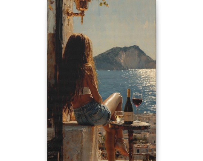 Seaside Sunset Woman Sitting, Canvas | Coastal Romance Wall Art