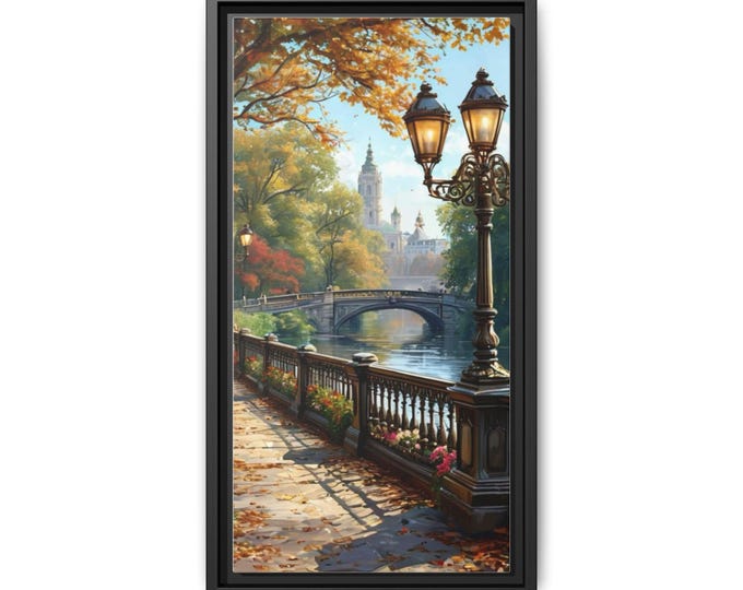 Autumn Riverside Lamp Post Painting Matte Canvas Framed