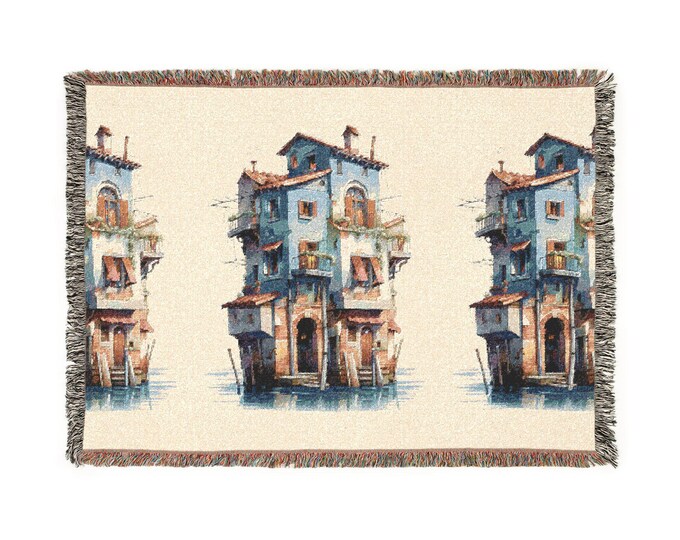 Coastal Cottage Illustration Woven Blanket | Coastal Home Decor, Beach House Throw
