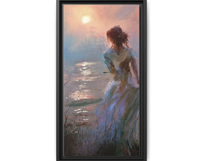 Woman at Seaside Sunrise Matte Canvas Framed | Impressionist Coastal Wall Art