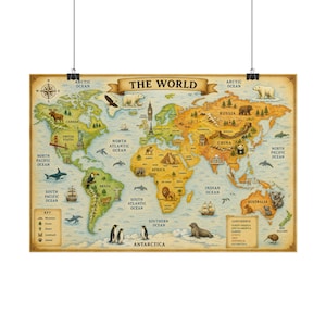 May include: A vintage-style world map poster titled THE WORLD, featuring colorful continents, oceans, and illustrations of animals, landmarks, and ships. The map includes a key for symbols and a list of continents, all printed on a beige background.