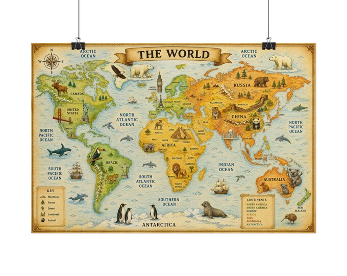 Vintage World Map Rolled Poster | Illustrated Animal & Landmark Map