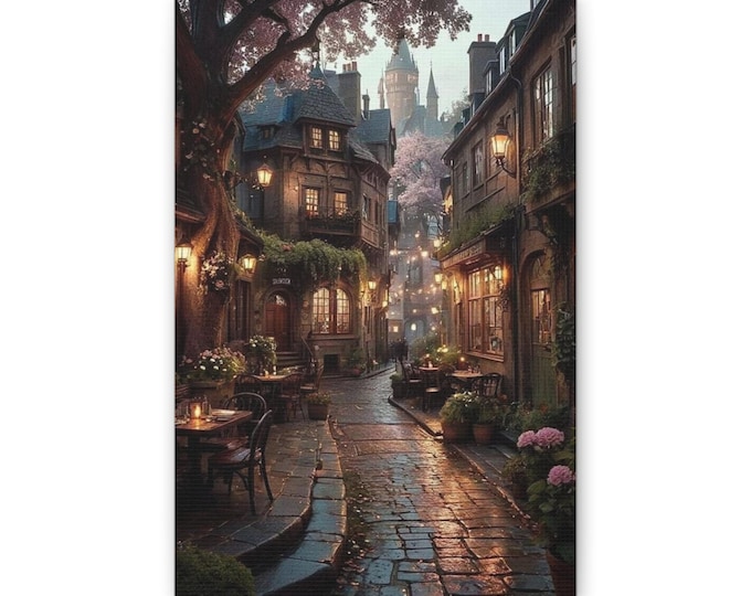 Cobblestone Lantern-Lit Alley Canvas | Fantasy Village Wall Art