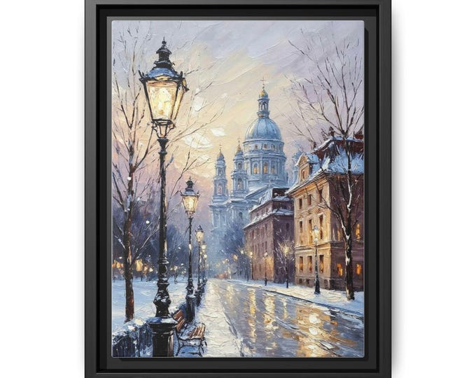 Snowy City Street Lamp Painting Matte Canvas Framed