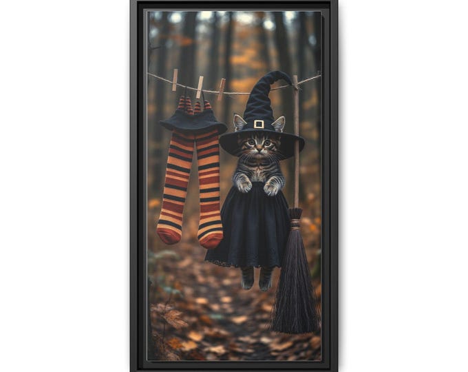 Halloween Cat Witch Matte Canvas Framed | Spooky Autumn Wall Art