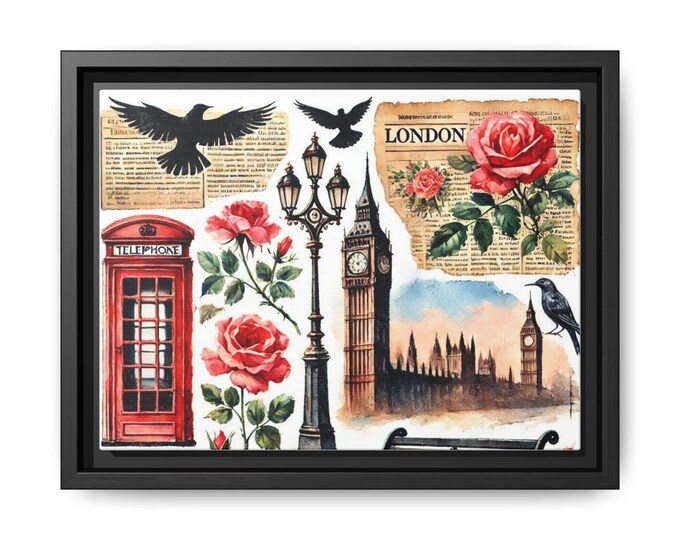 London Collage Matte Canvas Framed | Big Ben Telephone Booth Floral Art