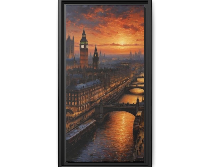 London Sunset Cityscape Matte Canvas Framed | Big Ben River Thames Wall Art