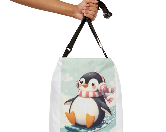 Penguin & Polar Bear Winter Tote Bag | Adjustable Strap, Spun Polyester