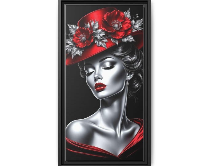 Glamorous Lady in Red Hat Canvas Framed