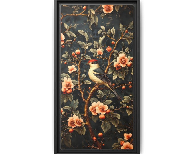 Vintage Botanical Bird Print Matte Canvas Framed | Floral Wall Art