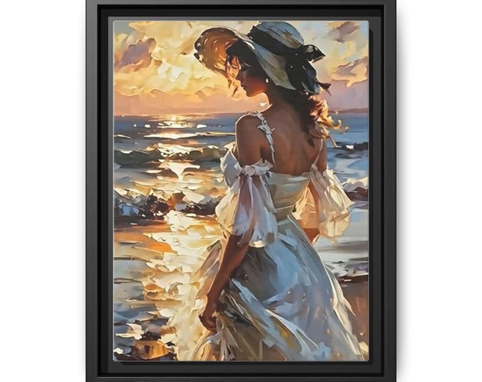 Sunset Beach Woman painting Matte Canvas, Framed | Impressionist Seaside Art