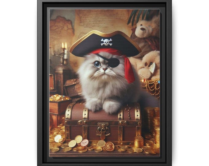 Pirate Kitten on Treasure Chest Matte Canvas Framed