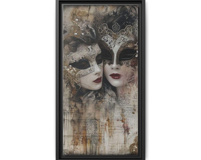 Venetian Mask Portrait Matte Canvas Framed | Dual Masquerade Faces Art Print