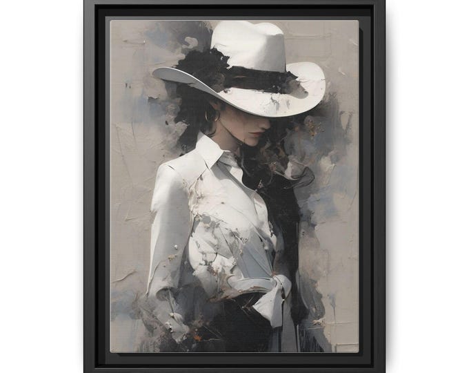 Woman in White Hat Matte Canvas Framed | Fashion Portrait Wall Art