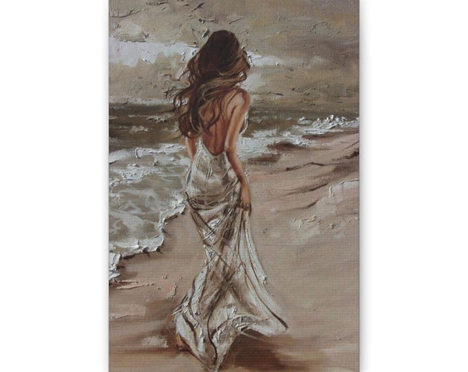 Woman Walking on Beach Classic Canvas | Coastal Wall Art, Neutral Seascape