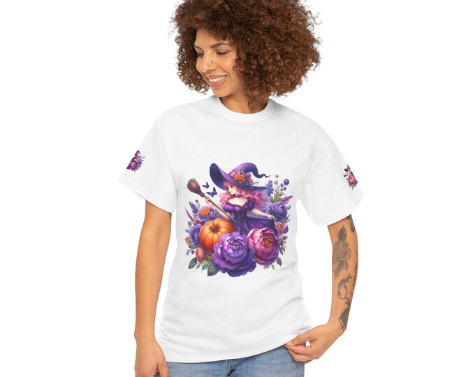 Purple Witch Cat with Pumpkins T-Shirt | Halloween Floral Witch Shirt