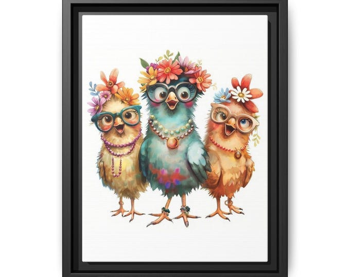 Three Floral Birds Illustration Matte Canvas Framed | Whimsical Chick Art