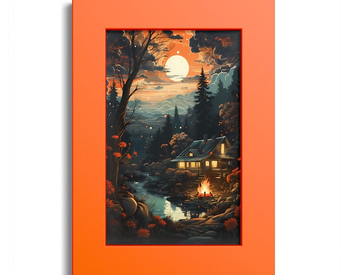 Cabin Nightscape Colored Frame Poster | Autumn Moonlit Forest