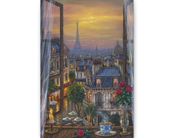 Paris Window View Canvas | Eiffel Tower Cityscape Sunset Wall Art