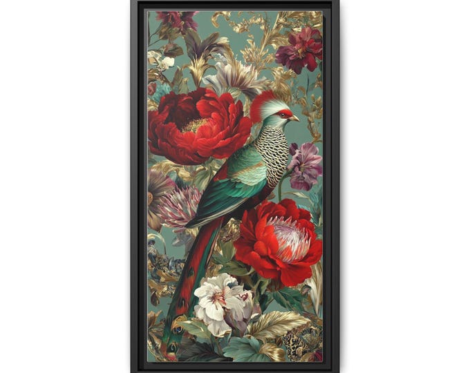 Tropical Parrot and Red Peonies Matte Canvas Framed Wall Art