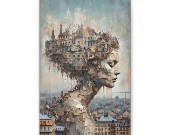 Cityscape Woman Profile Canvas | Surreal Architectural Portrait Wall Art